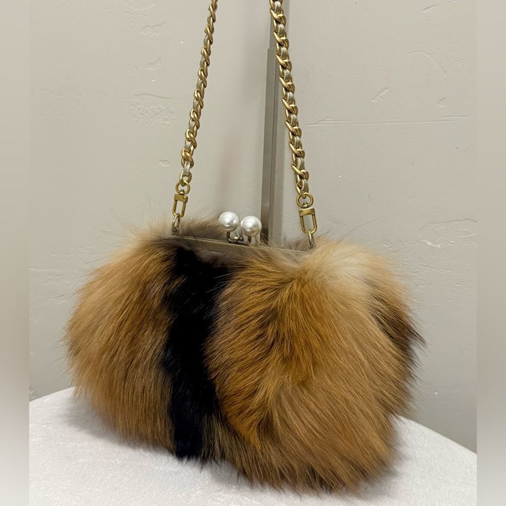 Handmade Real Fox Fur Kiss-lock Frame Clutch Bag, Shoulder Bag/ Crossbody - Picture 6 of 14